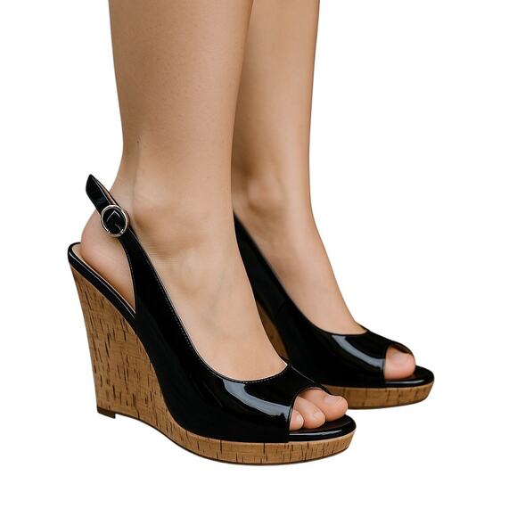 Pour La Victoire Women's Black Catina Patent Leather‎ Wedge Heels Size 9 - Picture 1 of 12